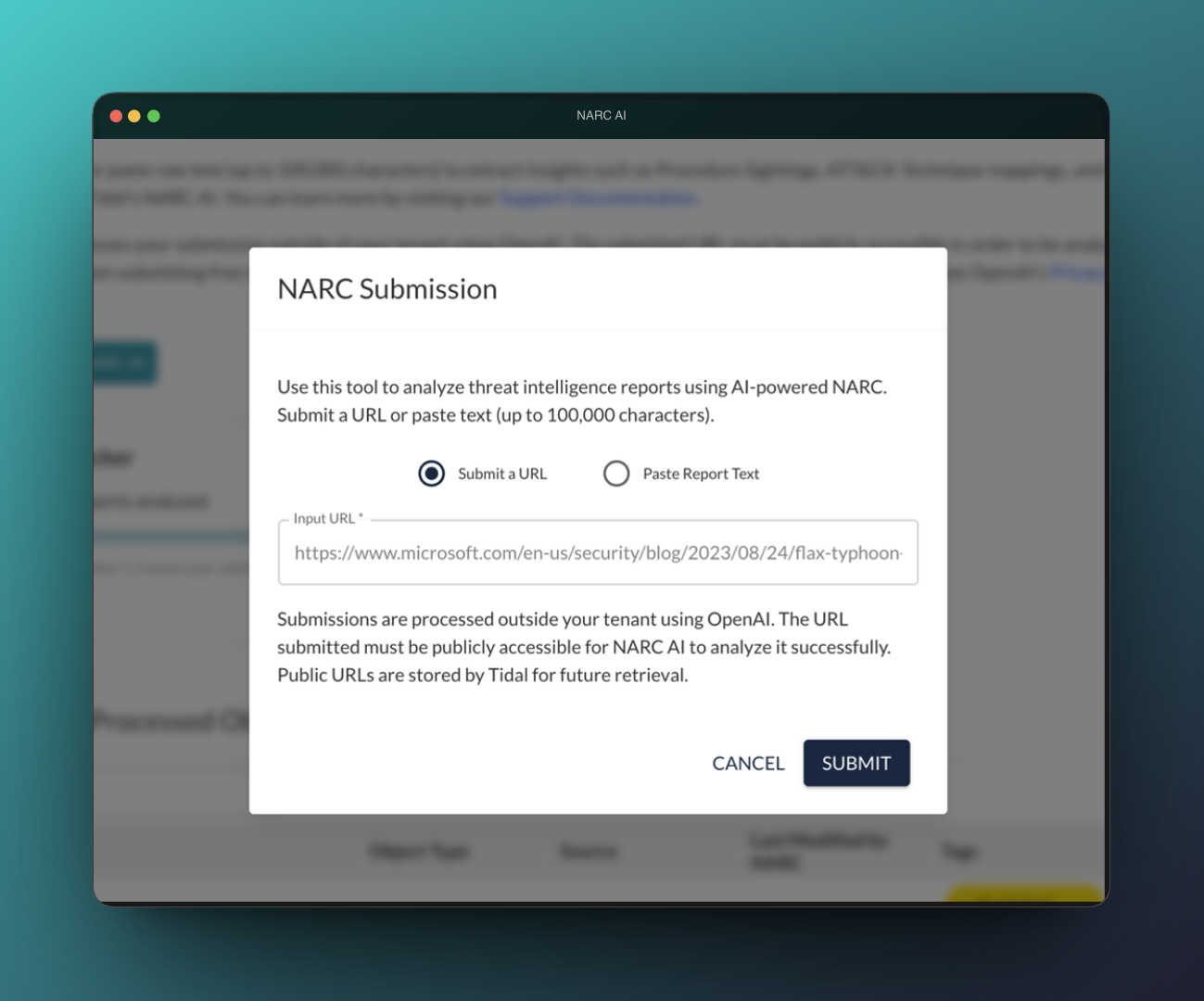 NARC Submission dialog — URL or paste text input, with explicit data boundary notice